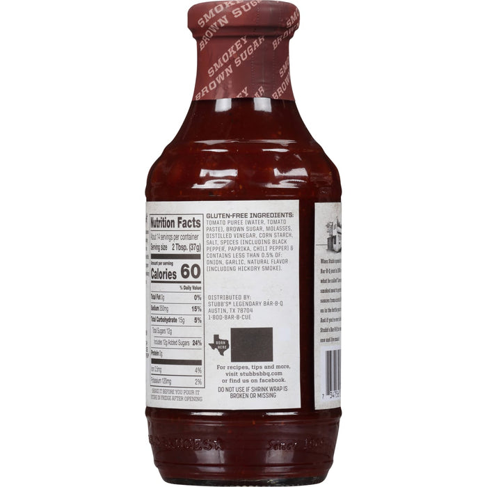 A bottle of Stubbs Smoky Brown Sugar BBQ Sauce with nutrition facts and ingredients listed on the label.