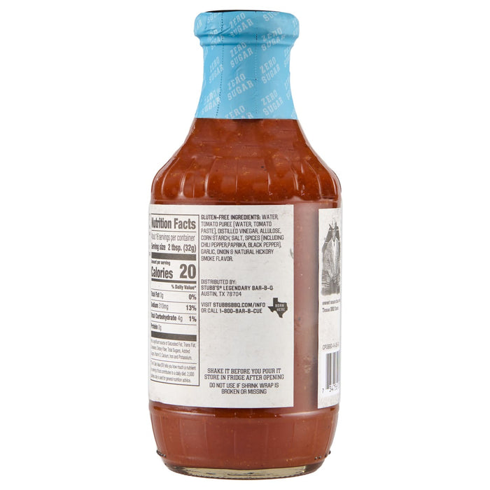 A bottle of Stubbs Legendary Bar-B-Q Sweet Sauce with a label that says Zero Sugar and a nutritional facts label.