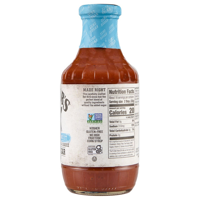 A bottle of Stubbs Sweet BBQ Sauce with a blue label that says zero sugar.