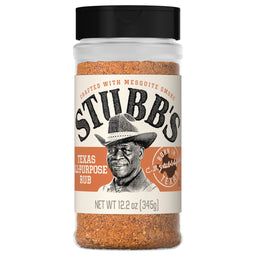 A jar of Stubbs Texas All-Purpose Rub crafted with mesquite smoke.