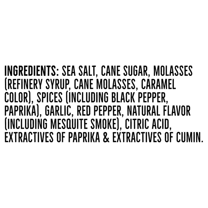 A list of ingredients for a product including sea salt cane sugar molasses spices garlic red pepper and natural flavor.