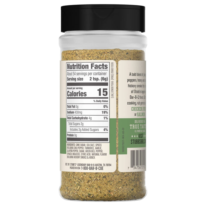 A bottle of Stubb's Legendary Bar-B-Q seasoning with nutrition facts and ingredients listed on the label.