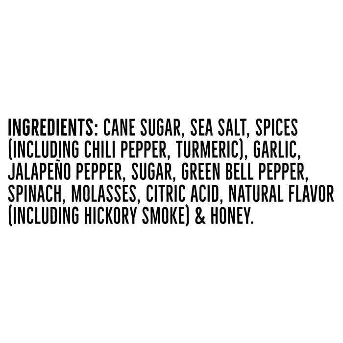 A list of ingredients for a product, including cane sugar, sea salt, spices, and honey.