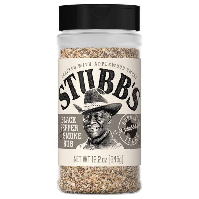 A jar of Stubbs Black Pepper &amp; Smoke Rub seasoning.