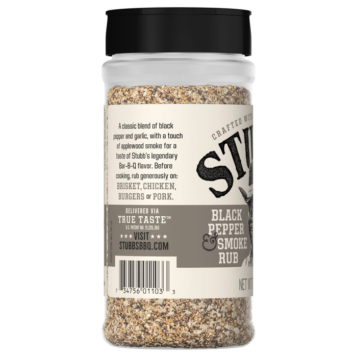 A glass jar of Stubb's Black Pepper &amp; Smoke Rub seasoning.