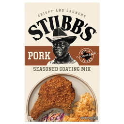 A package of Stubbs Pork Seasoned Coating Mix with a serving suggestion of a breaded pork chop, mac and cheese, and coleslaw.