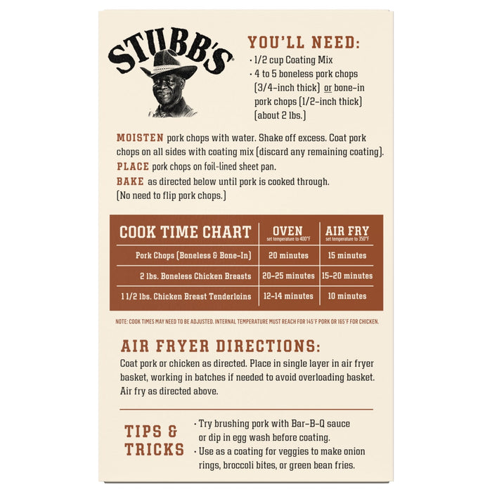 A Stubb's Bar-B-Q recipe card with instructions for cooking pork chops in the oven or air fryer.