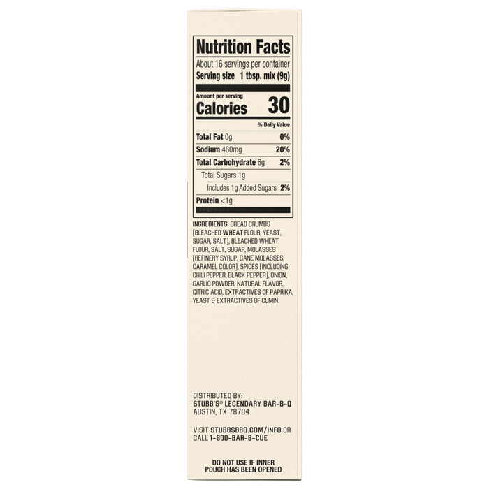Nutrition facts and ingredients for Stubb's Legendary Bar-B-Q Seasoning Mix.
