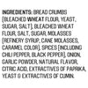 A list of ingredients for a product, including bread crumbs, bleached wheat flour, yeast, sugar, salt, molasses, spices, and more.