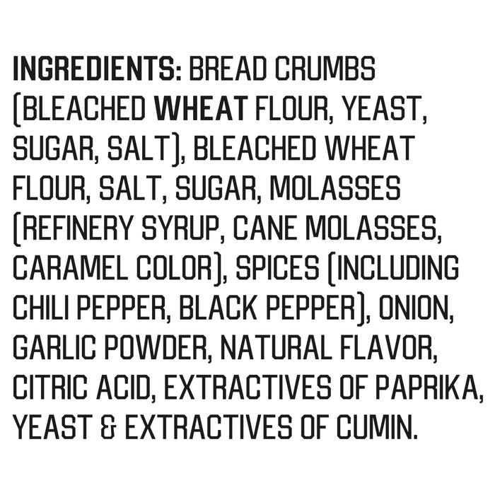 A list of ingredients for a product, including bread crumbs, bleached wheat flour, yeast, sugar, salt, molasses, spices, and more.