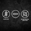 The image displays three icons indicating the product is gluten-free, kosher, and contains no high fructose corn syrup.
