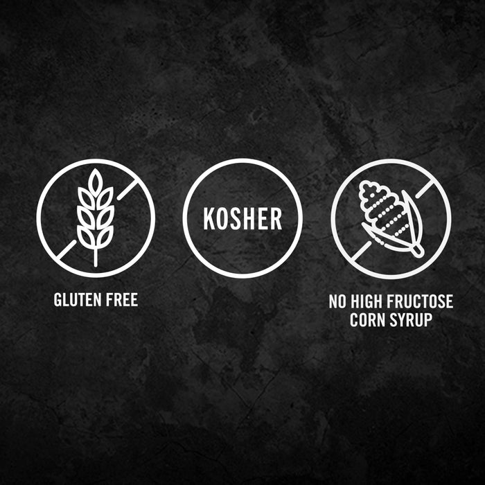 The image displays three icons indicating the product is gluten-free, kosher, and contains no high fructose corn syrup.
