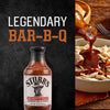 A bottle of Stubb's Bar-B-Q sauce is featured next to a dish being drizzled with the sauce, highlighting the brand's legendary barbecue flavor.