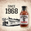 Stubb's BBQ sauce advertisement featuring the brand's establishment year, 1968, and a bottle of their product.