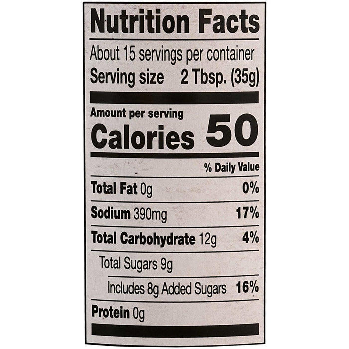 The image shows a nutrition facts label with a serving size of 2 tablespoons and 50 calories per serving.