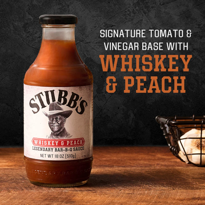 Stubb's Whiskey &amp; Peach BBQ Sauce features a signature tomato and vinegar base.