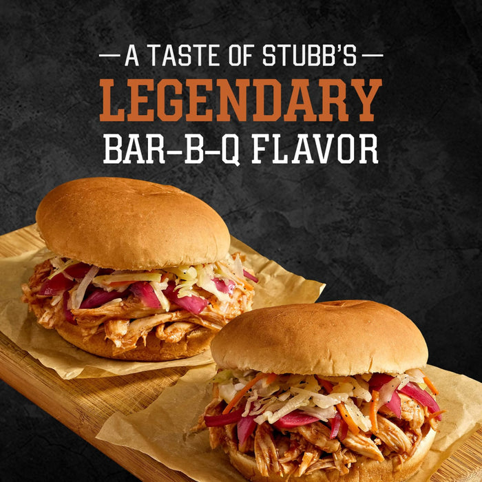 Two Stubb's Legendary Bar-B-Q sandwiches are displayed on a wooden board.