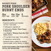 A recipe card for Whiskey Peach Pork Shoulder Burnt Ends featuring Stubb's Black Pepper and a finished plate of the dish with sides.