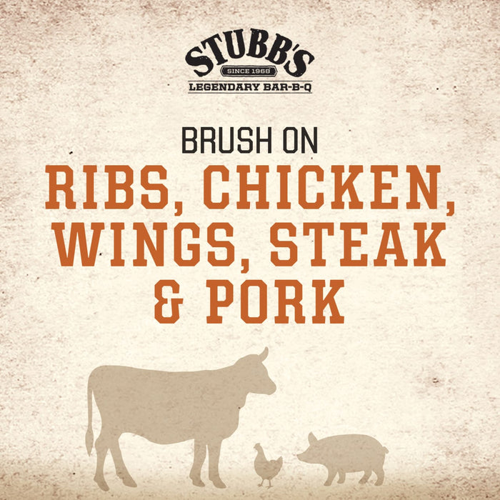 Stubb's Legendary Bar-B-Q sauce is great to brush on ribs, chicken, wings, steak, and pork, as shown with the illustrations of a cow, chicken, and pig.