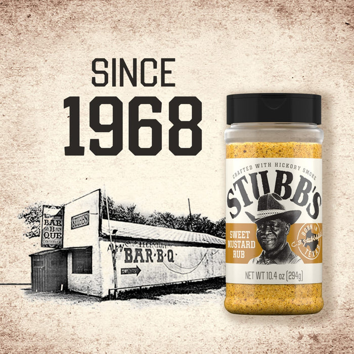 Since 1968, Stubbs BBQ seasoning is shown next to an illustration of the original Stubbs Bar-B-Q restaurant.