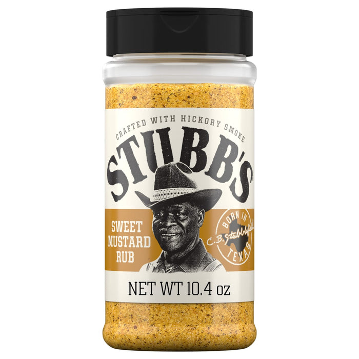 A container of Stubb's Sweet Heat Rub seasoning is shown.
