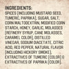 The image shows the ingredient list for a food product, including spices, sugar, salt, and other additives.