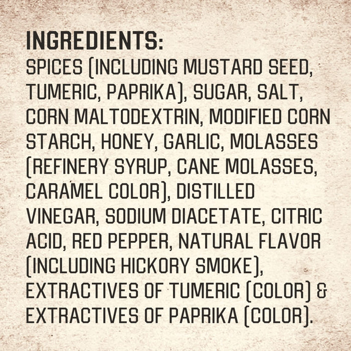 The image shows the ingredient list for a food product, including spices, sugar, salt, and other additives.