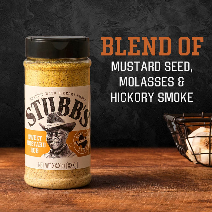 A bottle of Stubb's Original Bar-B-Q Rub, a blend of mustard seed, molasses, and hickory smoke.