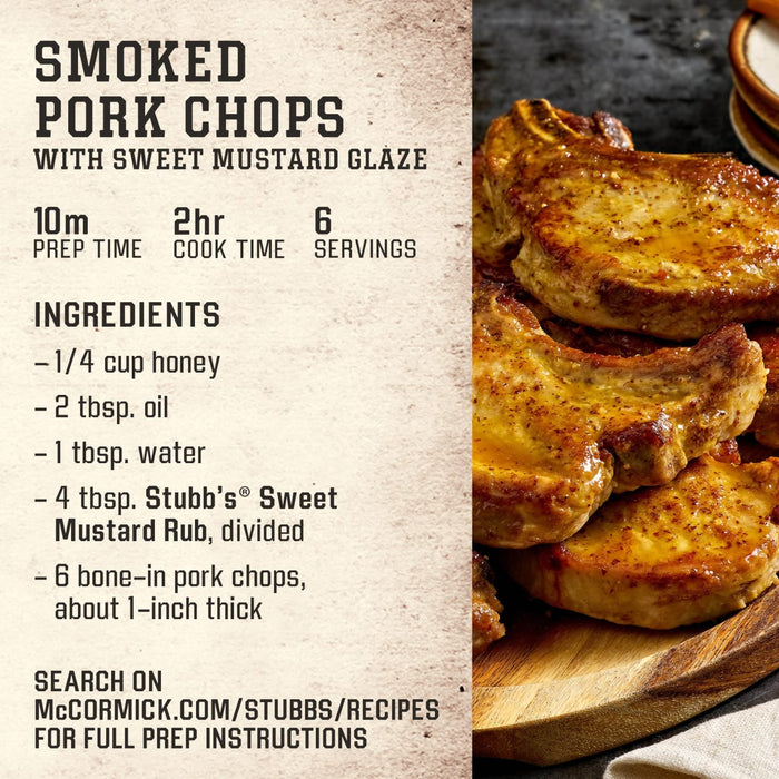 McCormick recipe card featuring Smoked Pork Chops with Sweet Mustard Glaze, listing ingredients and preparation instructions.