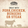 Stubb's Legendary Bar-B-Q sauce is great with pork, chicken, burgers, or steak, as illustrated by the silhouettes of a cow, chicken, and pig.