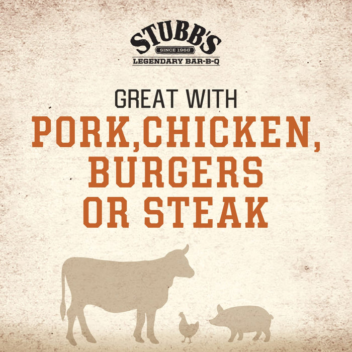 Stubb's Legendary Bar-B-Q sauce is great with pork, chicken, burgers, or steak, as illustrated by the silhouettes of a cow, chicken, and pig.