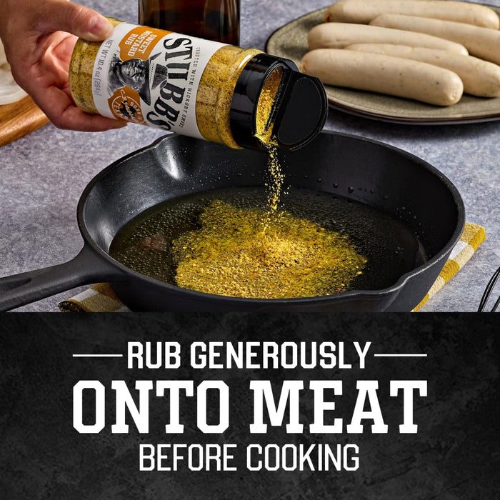 A hand sprinkles Stubbs brand seasoning into a cast iron skillet, with sausages in the background, advertising to rub generously onto meat before cooking.