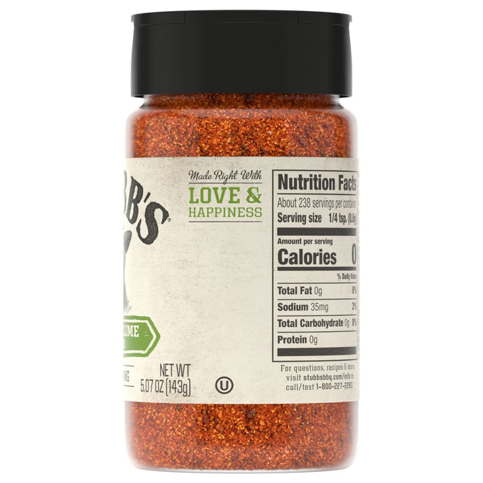 A clear shaker bottle of Stubb'S, 5.07 Oz, a McCormick brand, shows the reddish-brown seasoning inside and the label with nutrition facts.