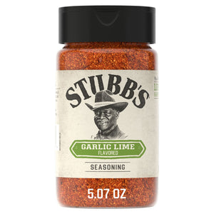 A 5.07 ounce bottle of Stubbs Grlc Lime E seasoning featuring the iconic brand logo and a portrait of C.B. Stubb Stubblefield on the label.