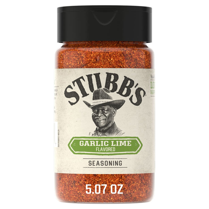 A 5.07 ounce bottle of Stubbs Grlc Lime E seasoning featuring the iconic brand logo and a portrait of C.B. Stubb Stubblefield on the label.