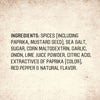 A list of ingredients for Stubbs Grlc Lime E including spices like paprika and mustard seed along with sea salt, sugar, garlic, and lime juice powder on a textured background.
