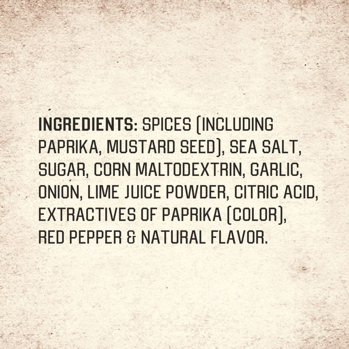 A list of ingredients for Stubbs Grlc Lime E including spices like paprika and mustard seed along with sea salt, sugar, garlic, and lime juice powder on a textured background.