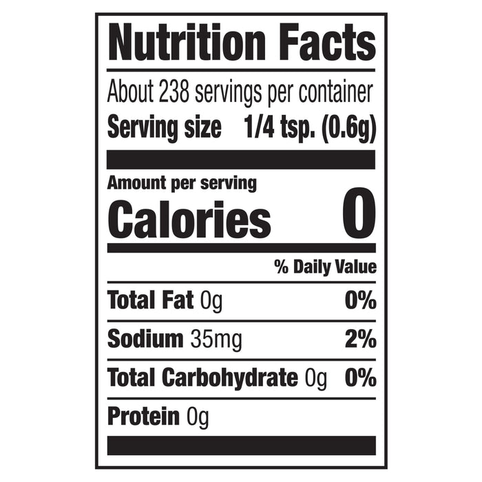 The nutrition facts label for Stubb'S, 5.07 Oz, indicates that a 1/4 teaspoon serving contains 0 calories, 35mg of sodium, and 0g of fat, carbohydrates, and protein.