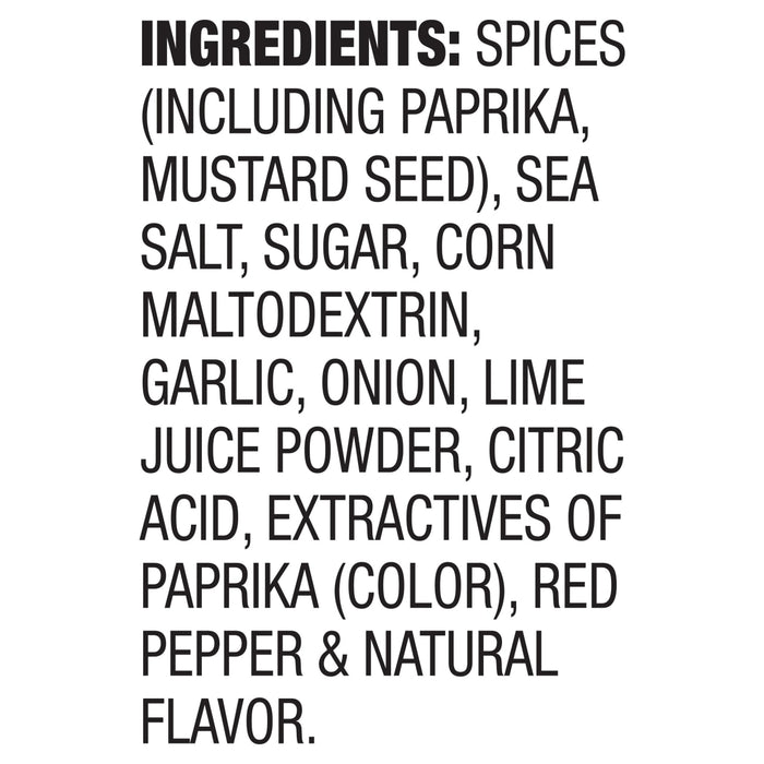 A detailed view of the ingredients label for Stubb'S, 5.07 Oz, listing spices, sea salt, sugar, corn maltodextrin, garlic, onion, lime juice powder, citric acid, extractives of paprika, red pepper, and natural flavor.