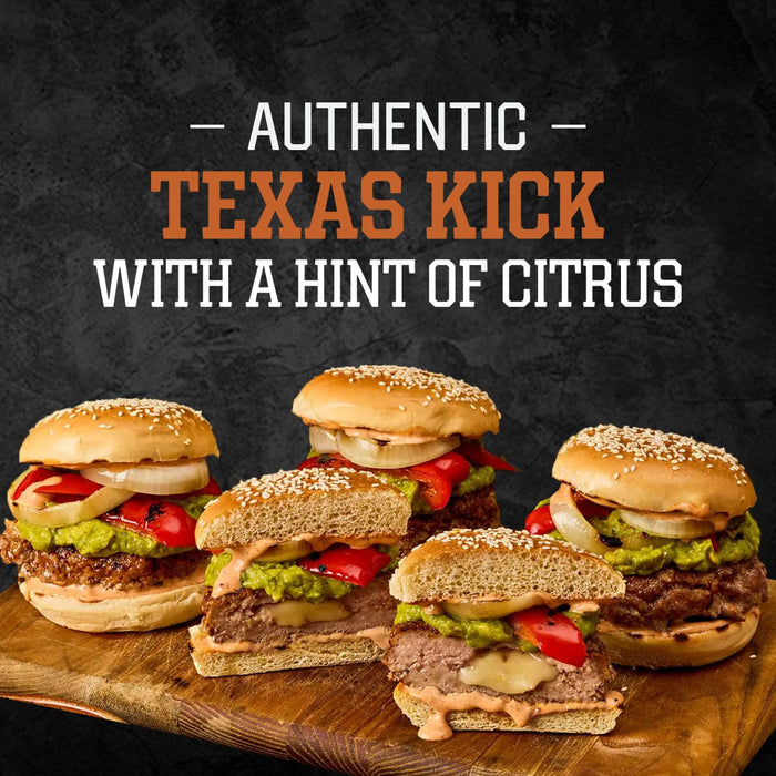 Five gourmet burgers featuring melted cheese centers and vibrant toppings are displayed on a wooden board to showcase the authentic Texas kick and hint of citrus from Stubbs Grlc Lime E.