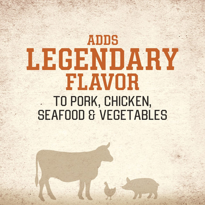 An infographic for Stubbs Grlc Lime E stating that it adds legendary flavor to pork, chicken, seafood, and vegetables above silhouettes of a cow, chicken, and pig.