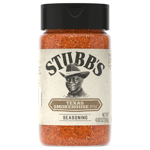 A clear shaker bottle of Stubb'S, 4.62 Oz Texas Smokehouse Style Seasoning is shown against a white background.