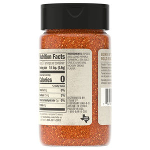 The back of a bottle of Stubb'S, 4.62 Oz, displays the nutrition facts and ingredients, including spices like paprika and turmeric, sea salt, and natural hickory smoke flavor.