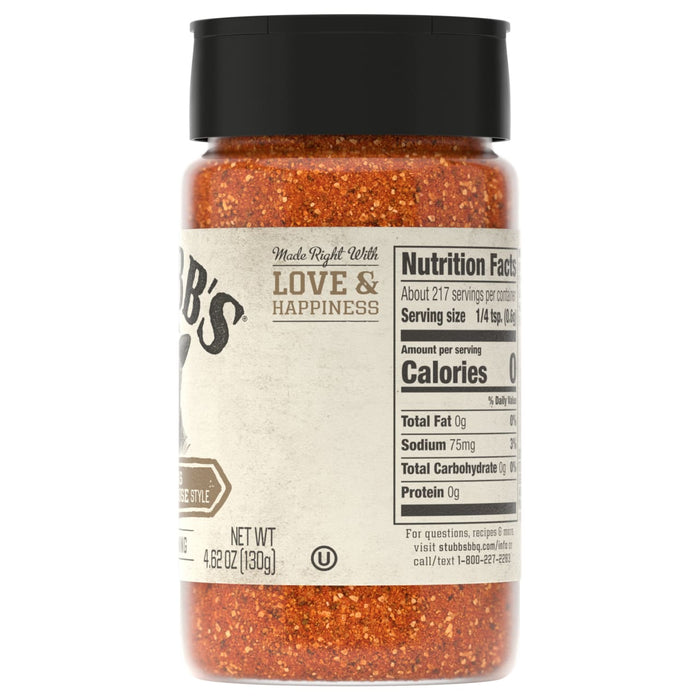The nutrition facts panel is visible on the side of a clear shaker bottle of Stubb'S, 4.62 Oz spice rub.