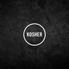 A graphic illustration featuring the word KOSHER inside a white circle against a dark textured background for Stubbs Smkhouse E.