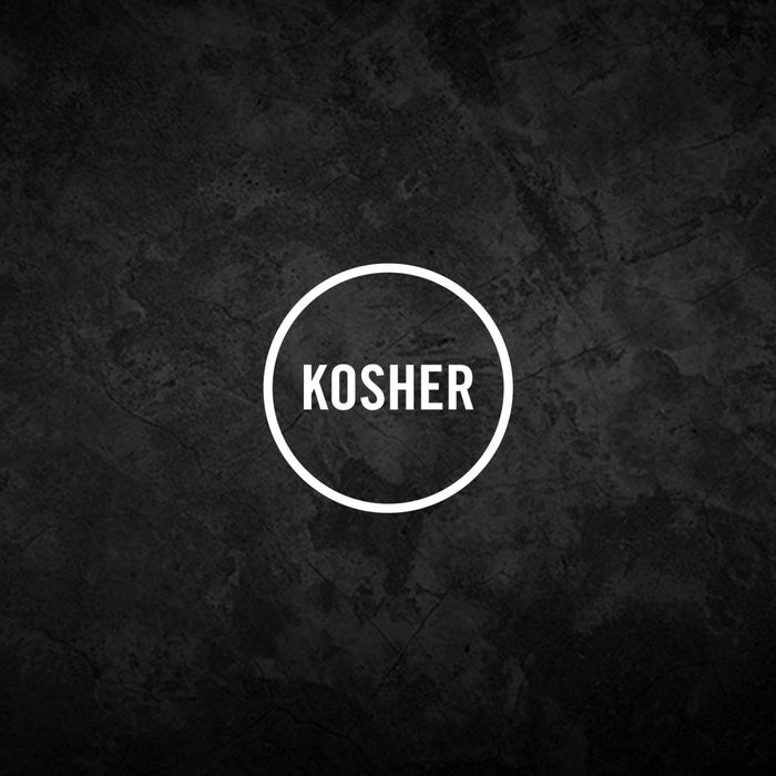 A graphic illustration featuring the word KOSHER inside a white circle against a dark textured background for Stubbs Smkhouse E.