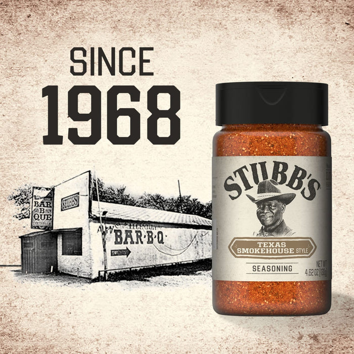 A bottle of Stubbs Smkhouse E seasoning is displayed next to a vintage illustration of the original Texas barbecue restaurant and the text Since 1968.