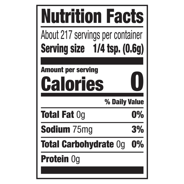 The nutrition facts label for Stubb'S, 4.62 Oz, indicating that one 1/4 tsp serving contains 0 calories, 0g of fat, 75mg of sodium, and 0g of carbohydrates.