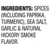 The ingredients list for Stubb'S, 4.62 Oz, details the contents as spices including paprika and turmeric, sea salt, garlic, and natural hickory smoke flavor.