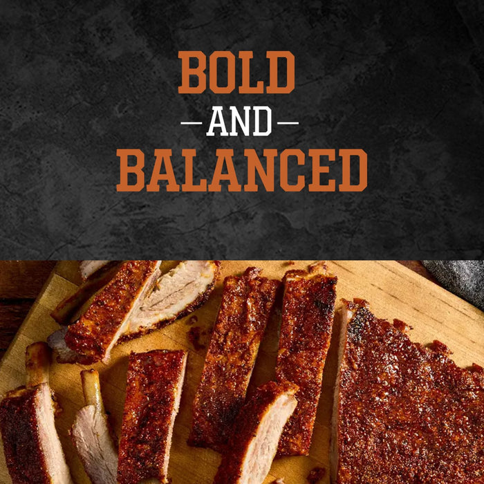 A wooden cutting board displays sliced ribs seasoned with Stubbs Smkhouse E under the bold and balanced text on a dark textured background.